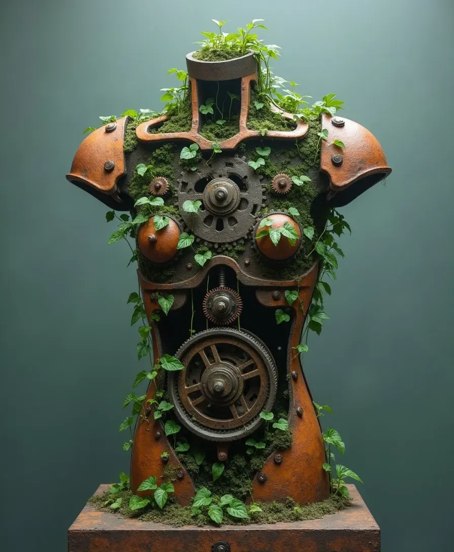 A rusted mechanical torso — plated and gear-worked, reclaimed by greenery.