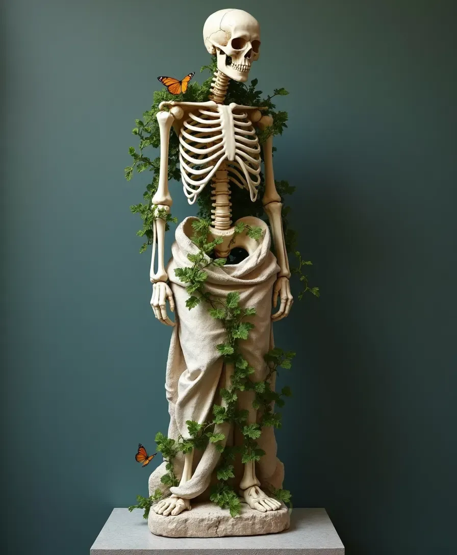 A skeletal-bloom study — a draped, cracked-marble figure with flowering growth.