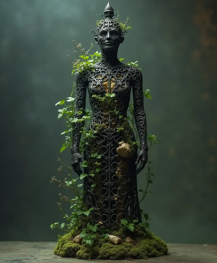 A generated filigree-reliquary figure covered with vines and moss.