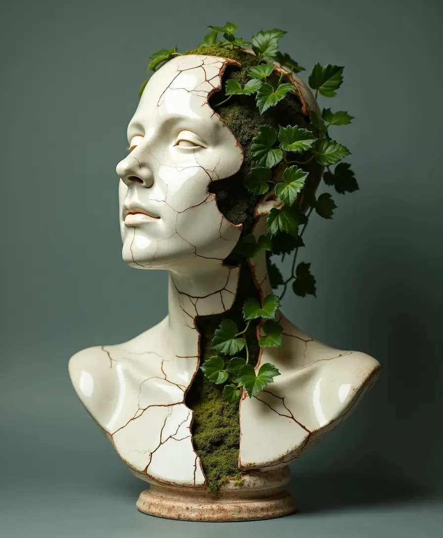 A porcelain-fracture bust — cracked ceramic opening onto a mineral interior.