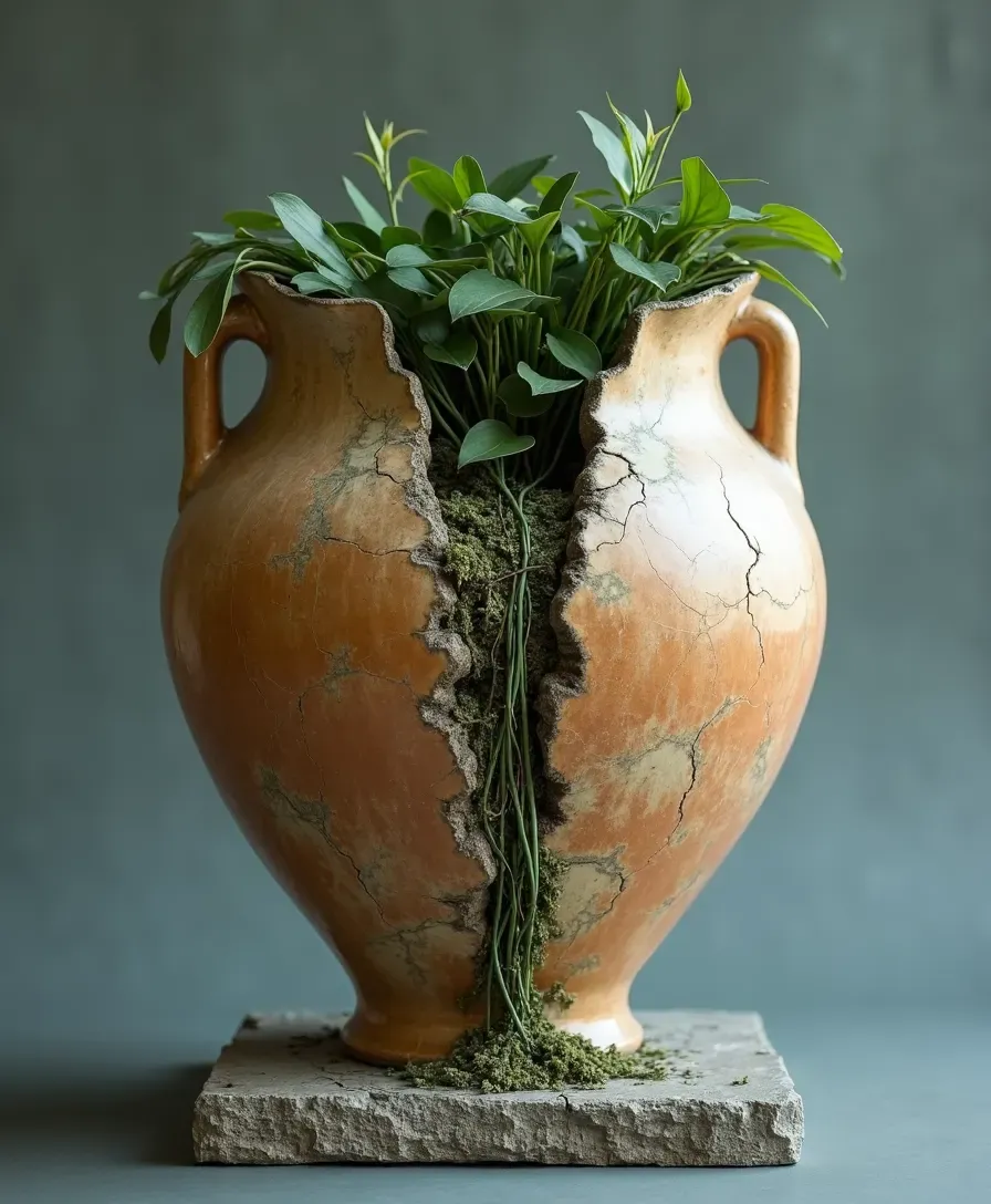 An ash-glaze vessel — a broken ceramic urn, its fracture blooming.