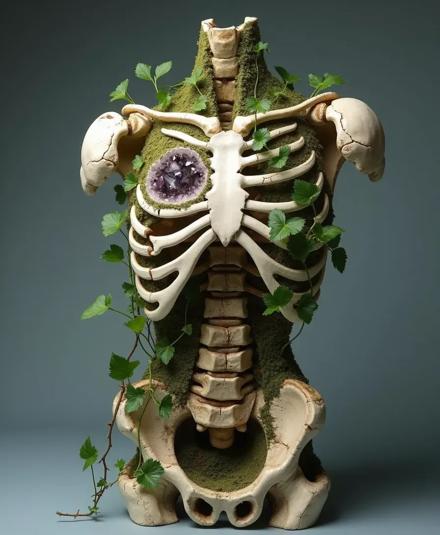 An ossuary-geode figure — bone and crystal fused into a single sculptural form.