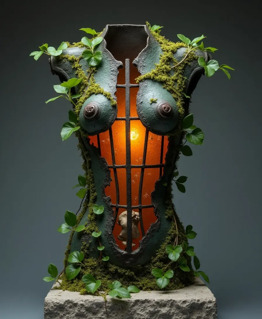 An iron-lantern torso — a pierced metal body lit from within.